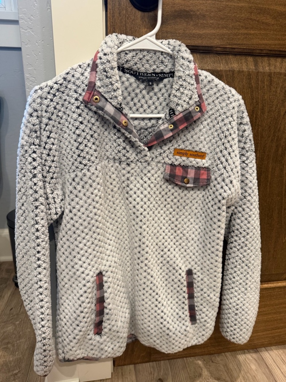 Simply Southern Women’s Plush Pullover Sweater with Plaid Trim